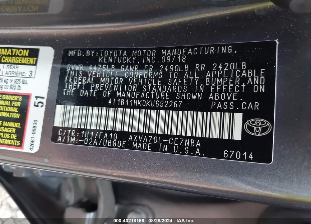 2019 TOYOTA CAMRY LE VIN: 4T1B11HK0KU692267