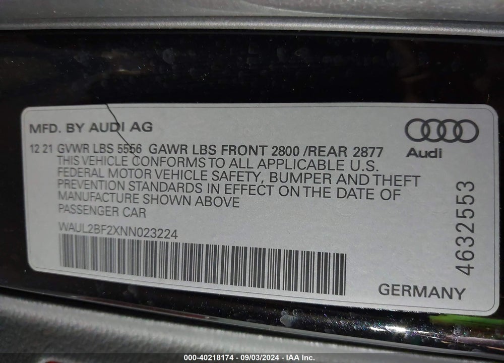 2022 AUDI A6 PREMIUM PLUS 55 TFSI QUATTRO S TRONIC VIN: WAUL2BF2XNN023224