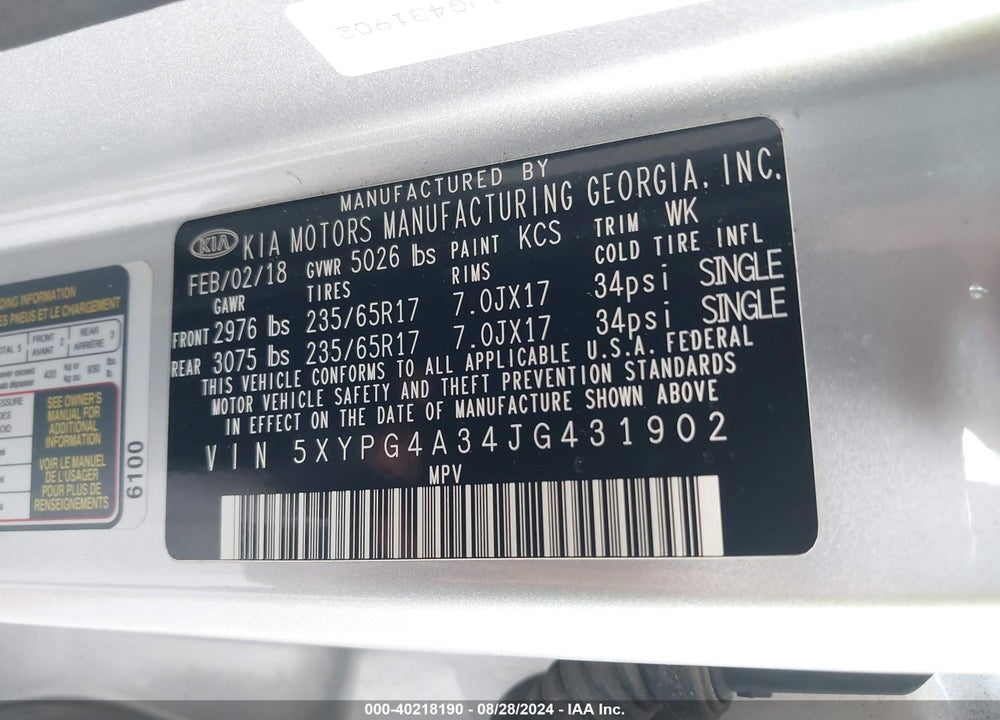 2018 KIA SORENTO 2.4L L VIN: 5XYPG4A34JG431902