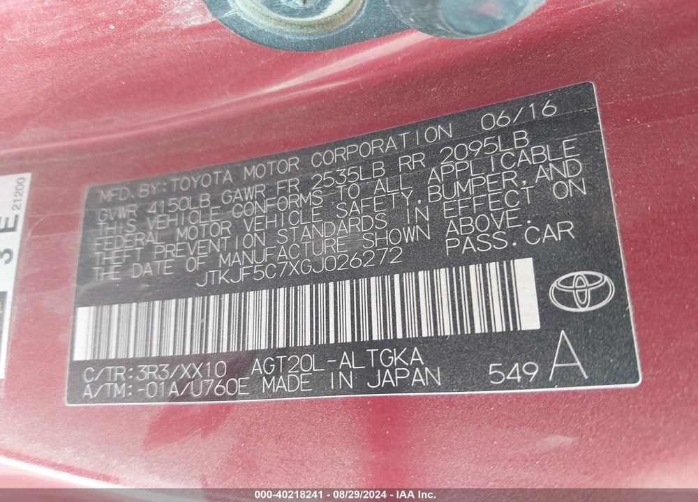 2016 SCION TC RELEASE SERIES 10.0 VIN: JTKJF5C7XGJ026272