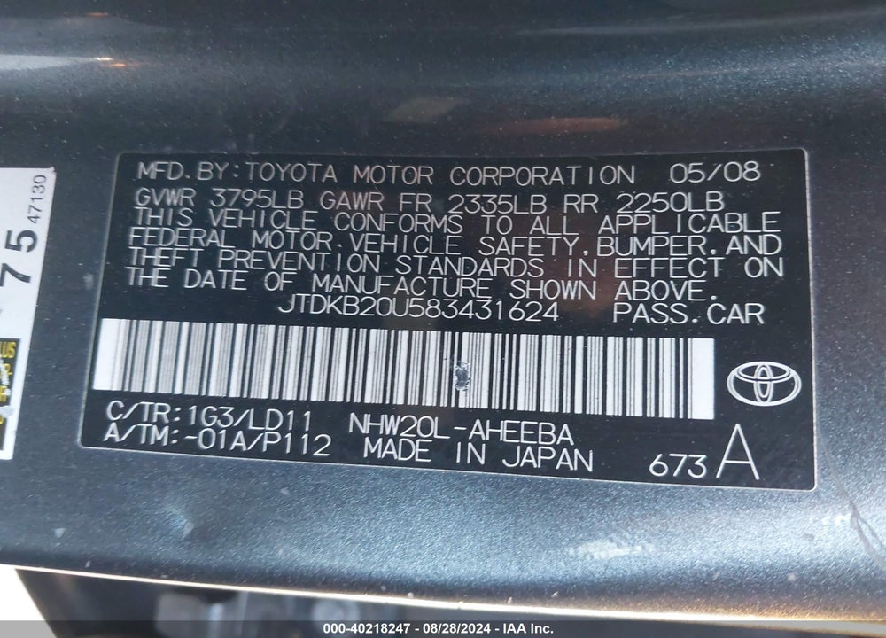 2008 TOYOTA PRIUS VIN: JTDKB20U583431624