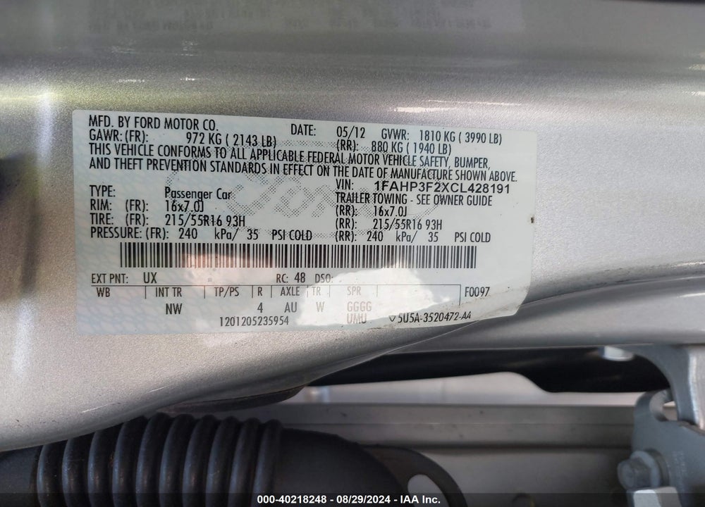 2012 FORD FOCUS SE VIN: 1FAHP3F2XCL428191