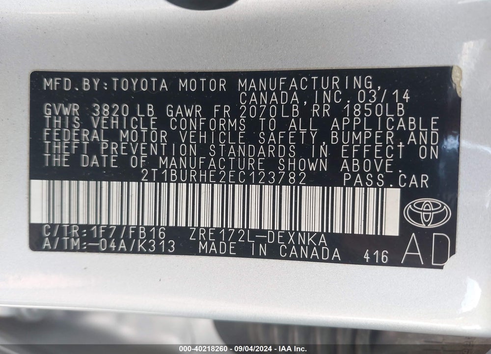 2014 TOYOTA COROLLA LE PLUS VIN: 2T1BURHE2EC123782