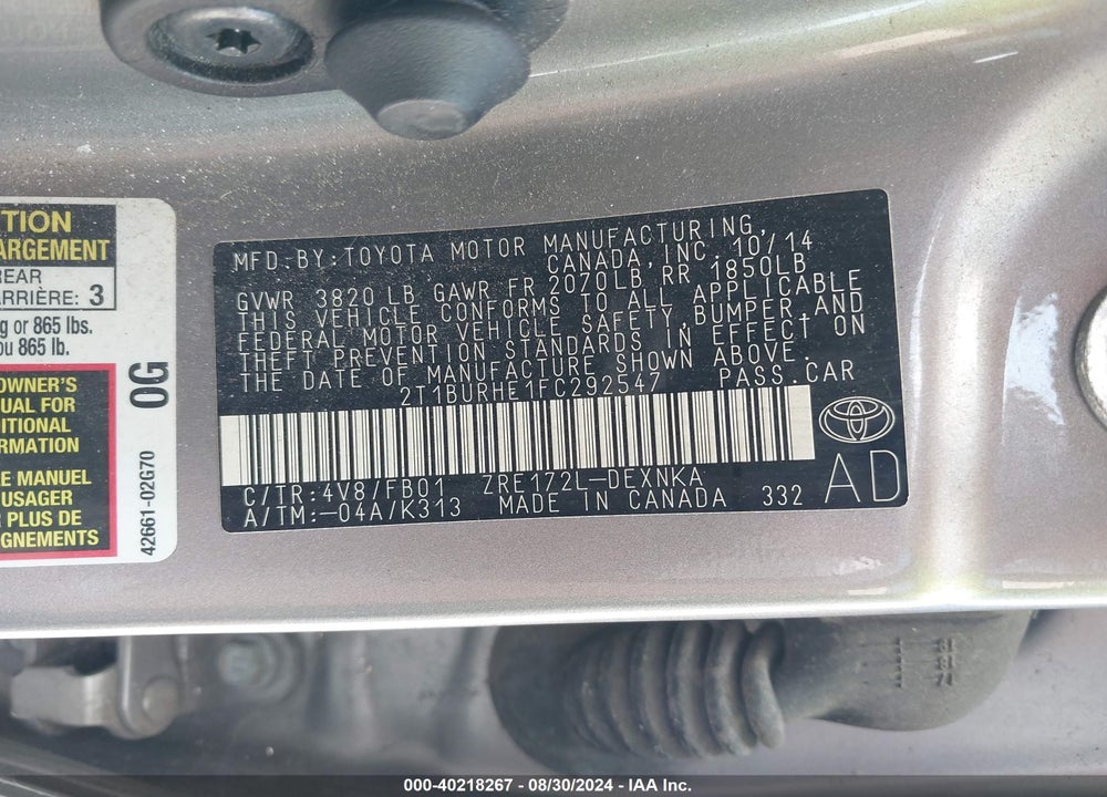 2015 TOYOTA COROLLA LE VIN: 2T1BURHE1FC292547