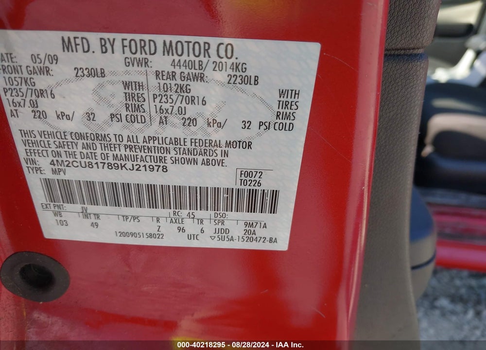 2009 MERCURY MARINER I4 VIN: 4M2CU81789KJ21978