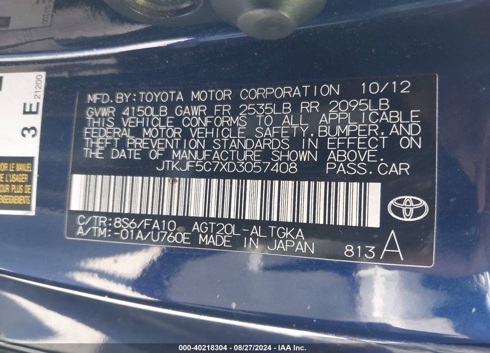 2013 SCION TC BASE (A6) VIN: JTKJF5C7XD3057408