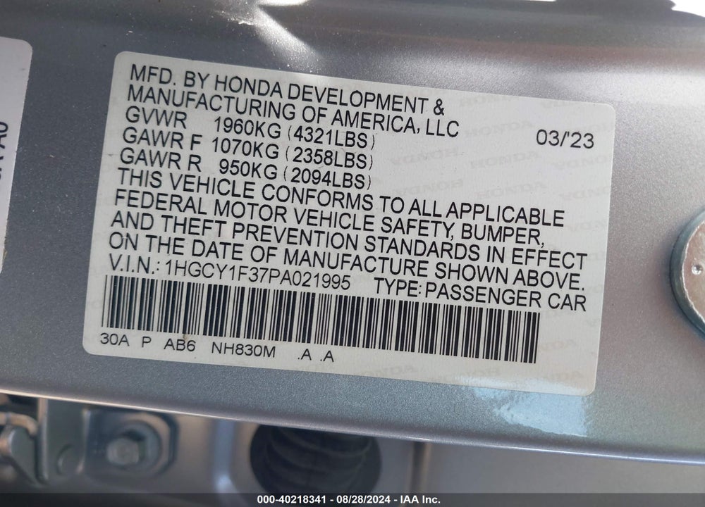 2023 HONDA ACCORD EX VIN: 1HGCY1F37PA021995