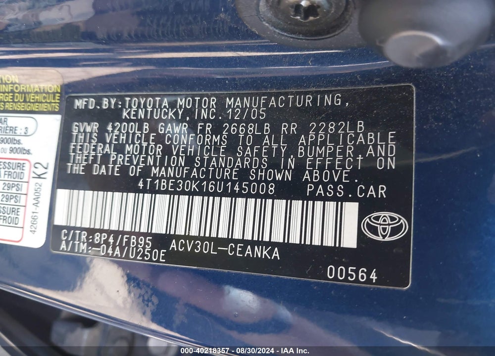 2006 TOYOTA CAMRY LE VIN: 4T1BE30K16U145008