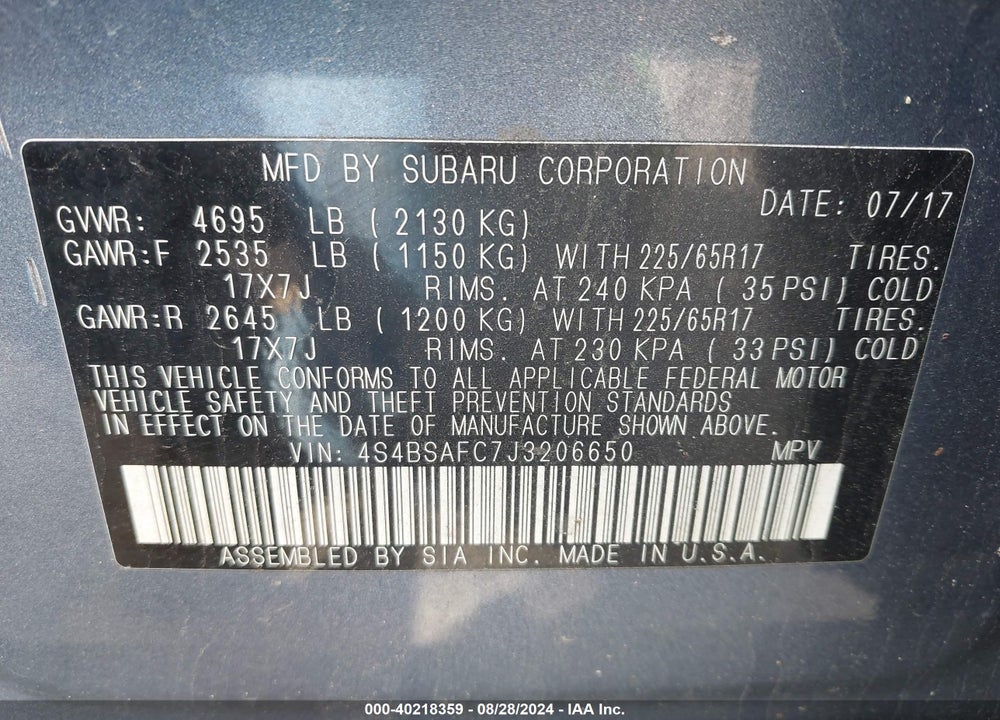 2018 SUBARU OUTBACK 2.5I PREMIUM VIN: 4S4BSAFC7J3206650