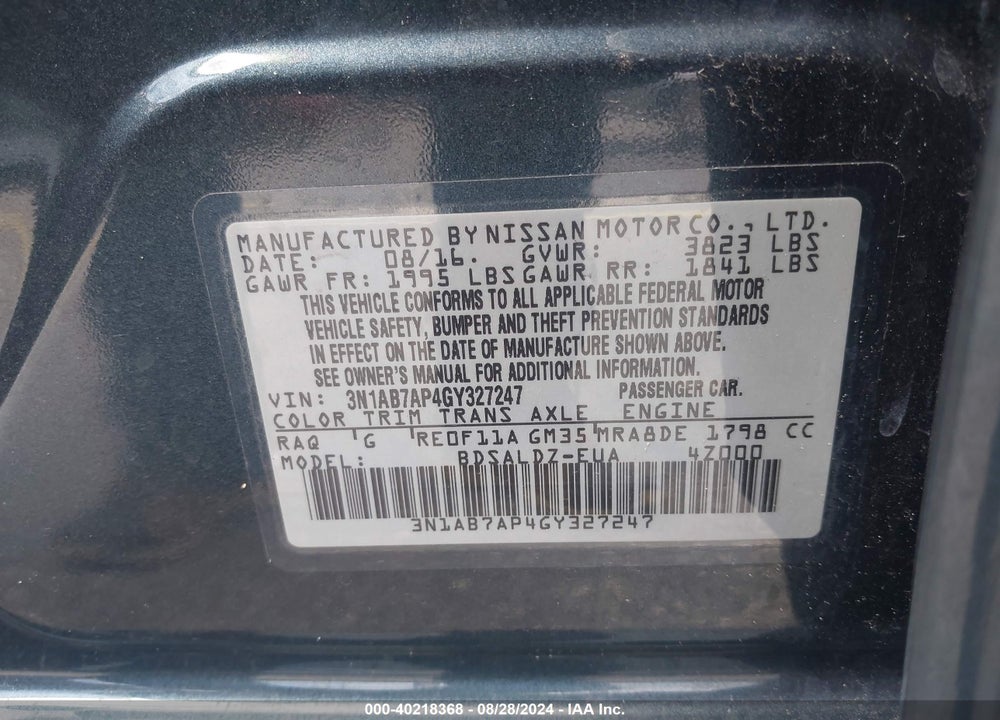 2016 NISSAN SENTRA SV VIN: 3N1AB7AP4GY327247