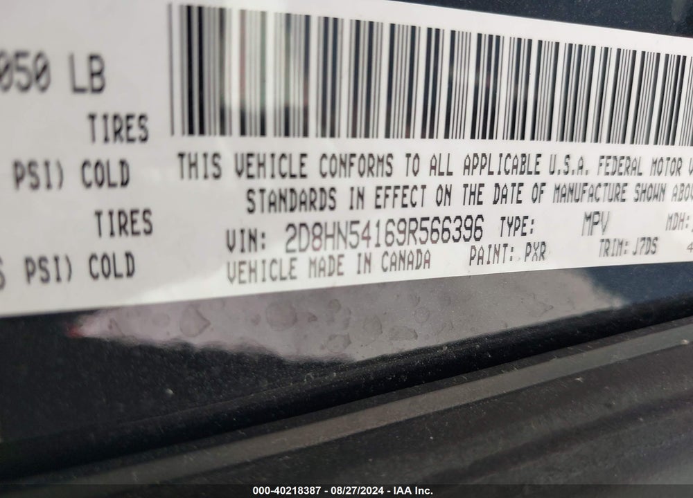 2009 DODGE GRAND CARAVAN SXT VIN: 2D8HN54169R566396
