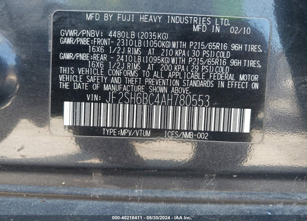 2010 SUBARU FORESTER 2.5X VIN: JF2SH6BC4AH780553