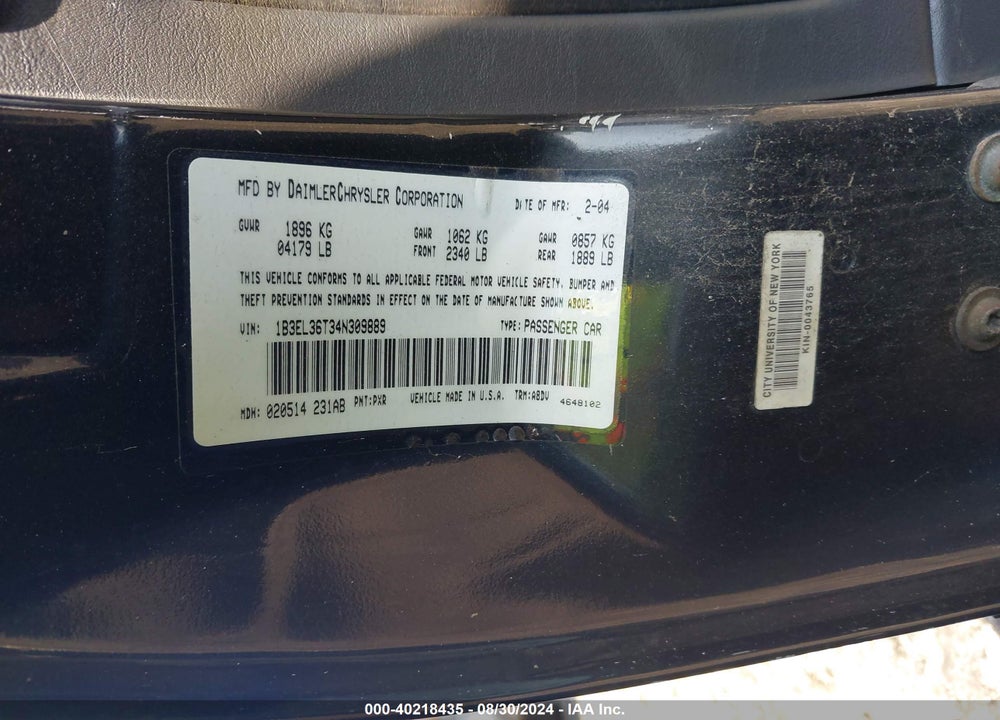 2004 DODGE STRATUS SE VIN: 1B3EL36T34N309889