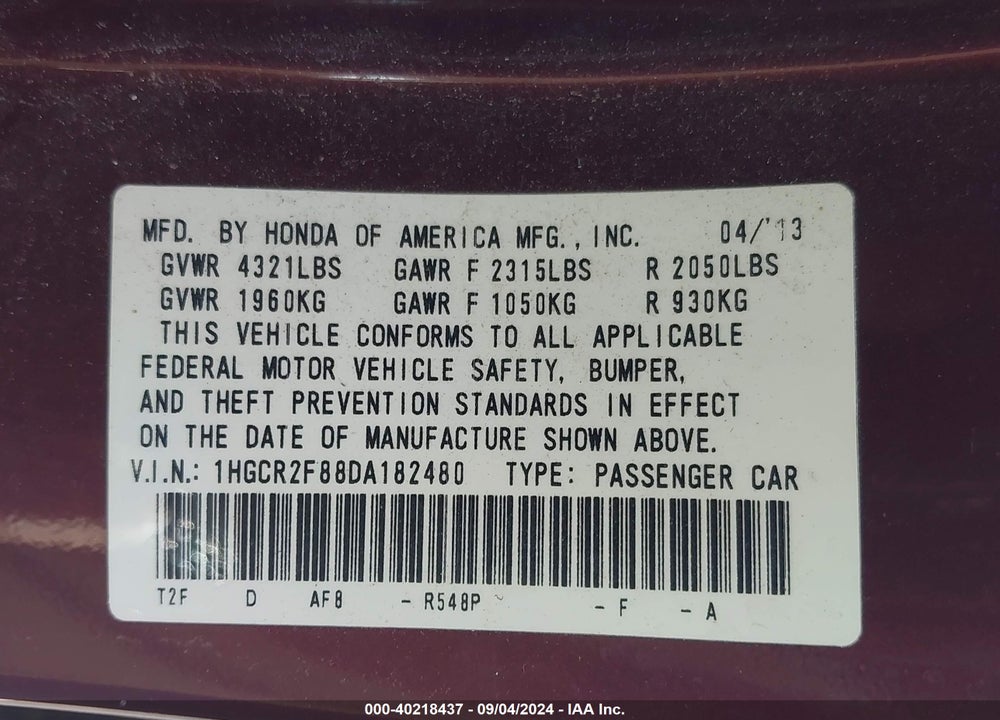 2013 HONDA ACCORD EX-L VIN: 1HGCR2F88DA182480
