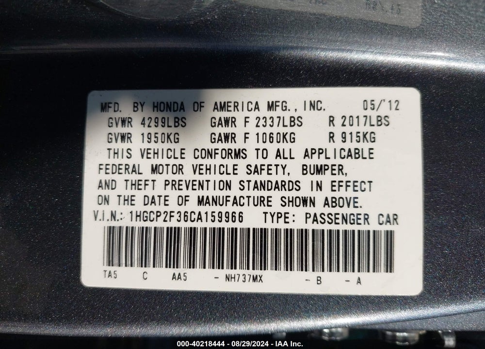 2012 HONDA ACCORD 2.4 LX VIN: 1HGCP2F36CA159966