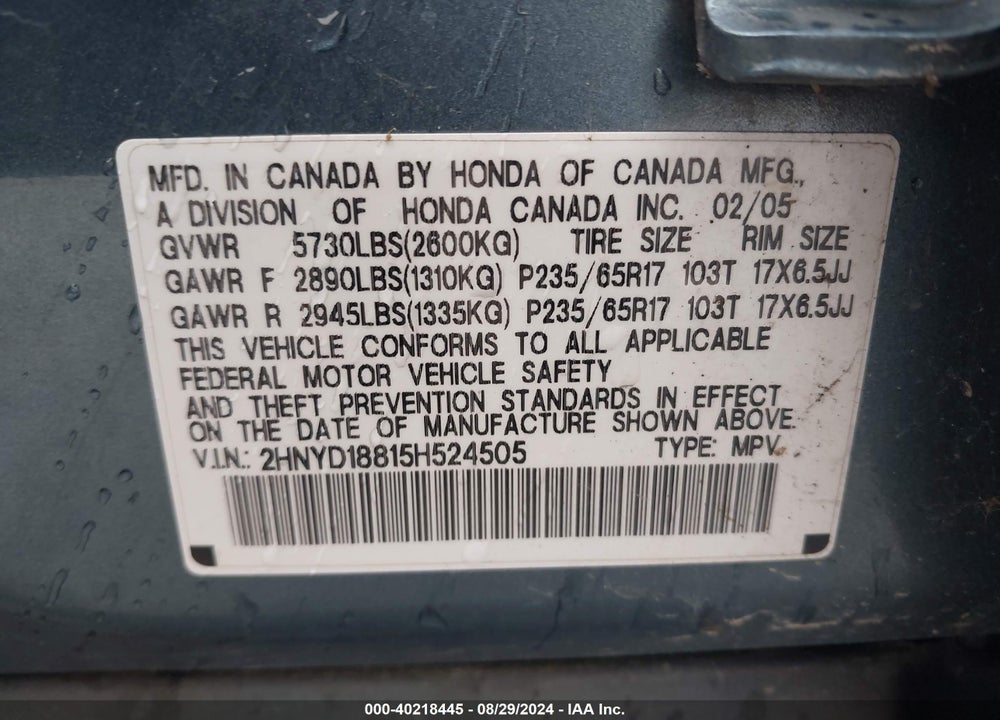 2005 ACURA MDX VIN: 2HNYD18815H524505