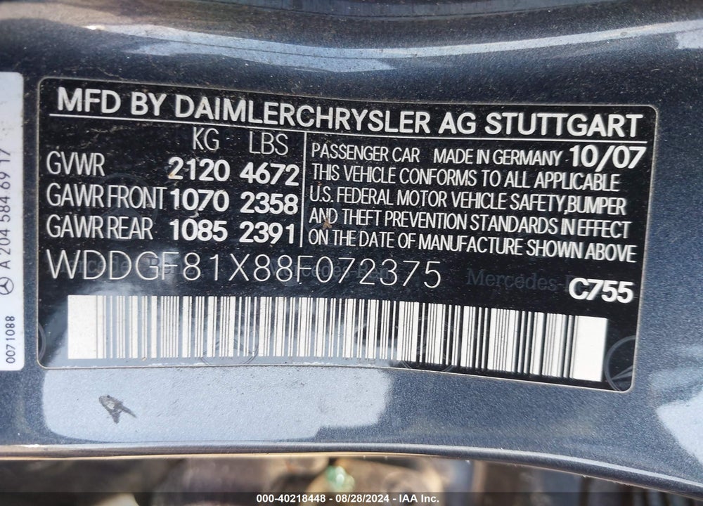 2008 MERCEDES-BENZ C 300 LUXURY 4MATIC/SPORT 4MATIC VIN: WDDGF81X88F072375