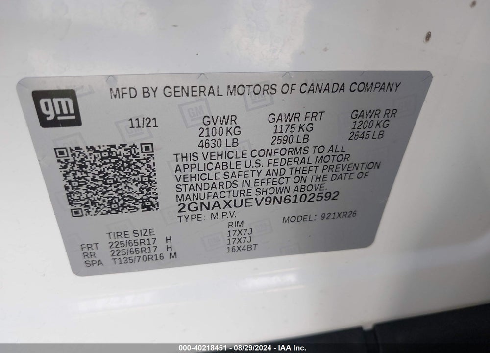 2022 CHEVROLET EQUINOX AWD LT VIN: 2GNAXUEV9N6102592