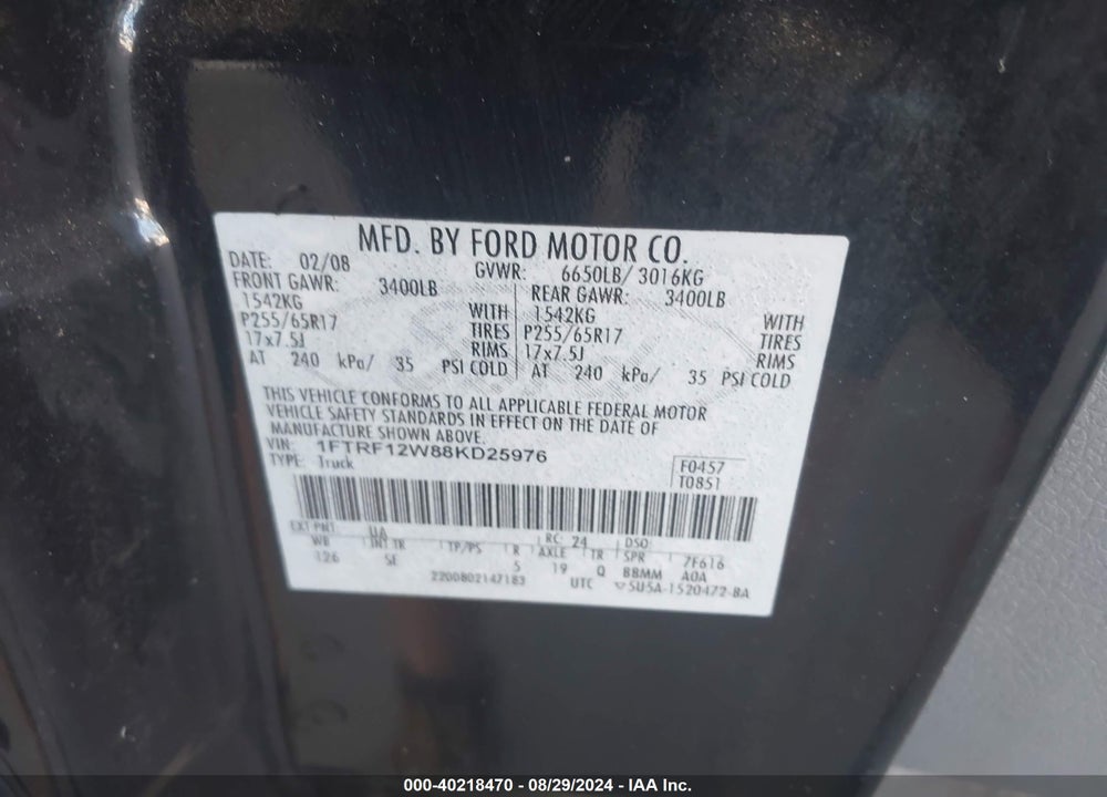 2008 FORD F-150 FX2/STX/XL/XLT VIN: 1FTRF12W88KD25976