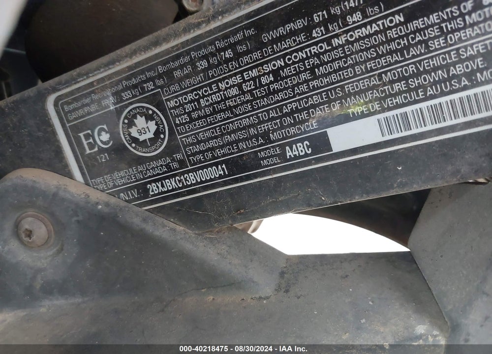 2011 CAN-AM SPYDER ROADSTER RT VIN: 2BXJBKC13BV000041