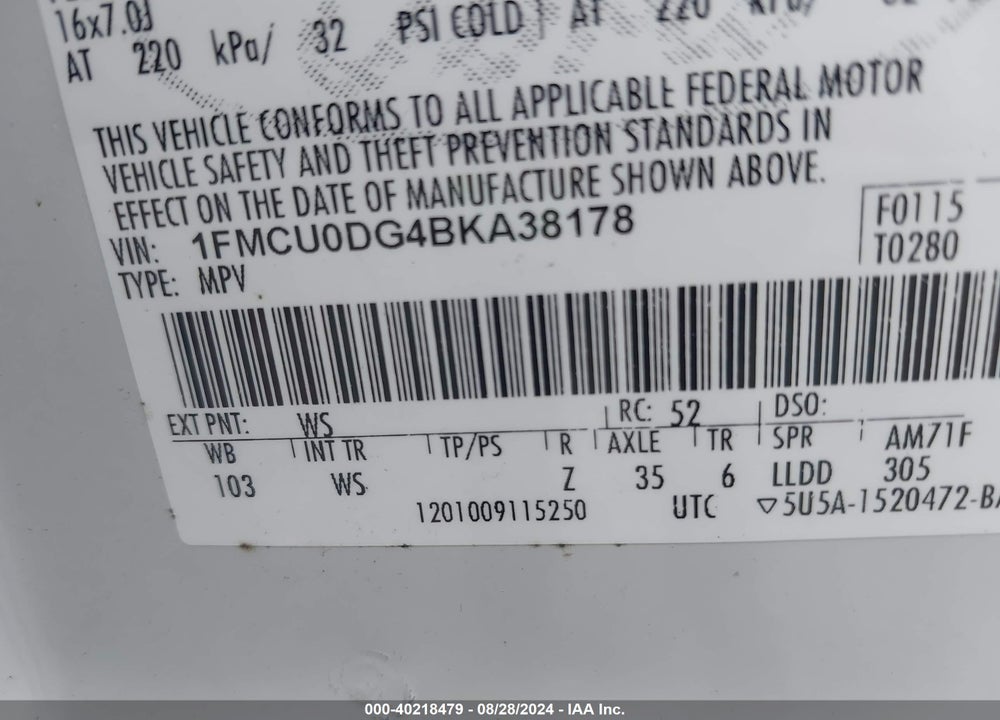 2011 FORD ESCAPE XLT VIN: 1FMCU0DG4BKA38178