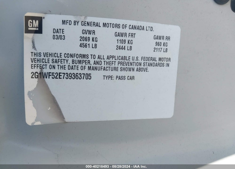 2003 CHEVROLET IMPALA VIN: 2G1WF52E739363705