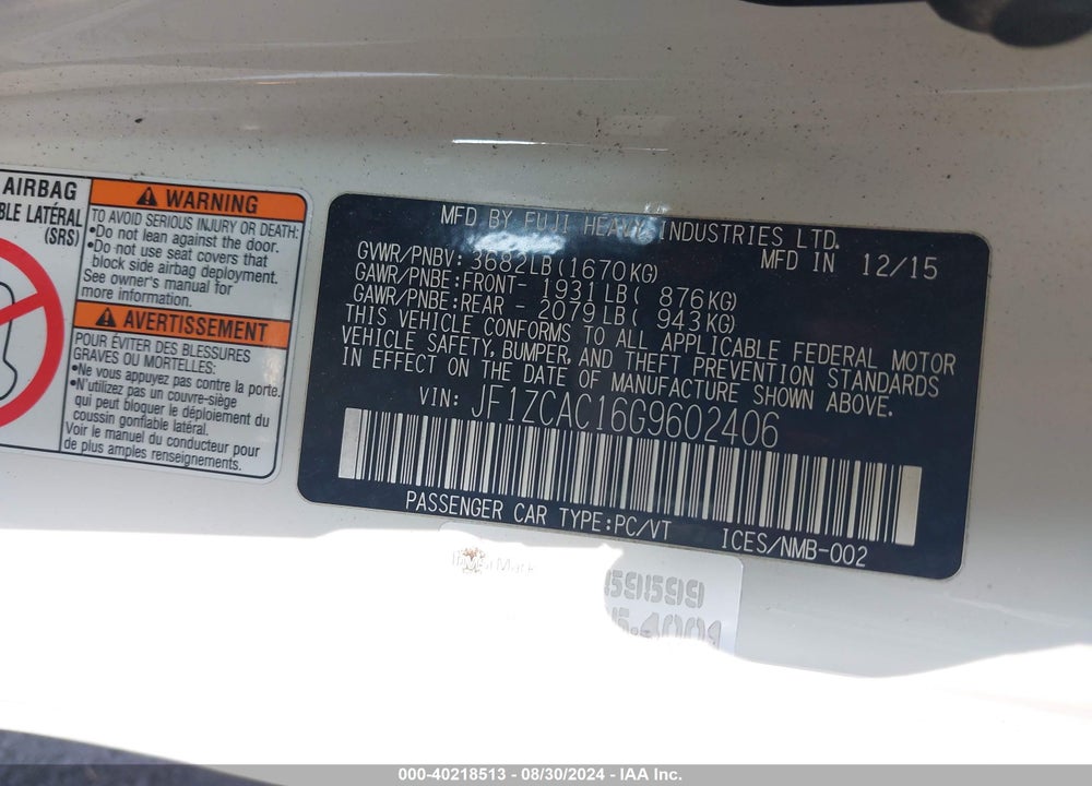 2016 SUBARU BRZ LIMITED VIN: JF1ZCAC16G9602406
