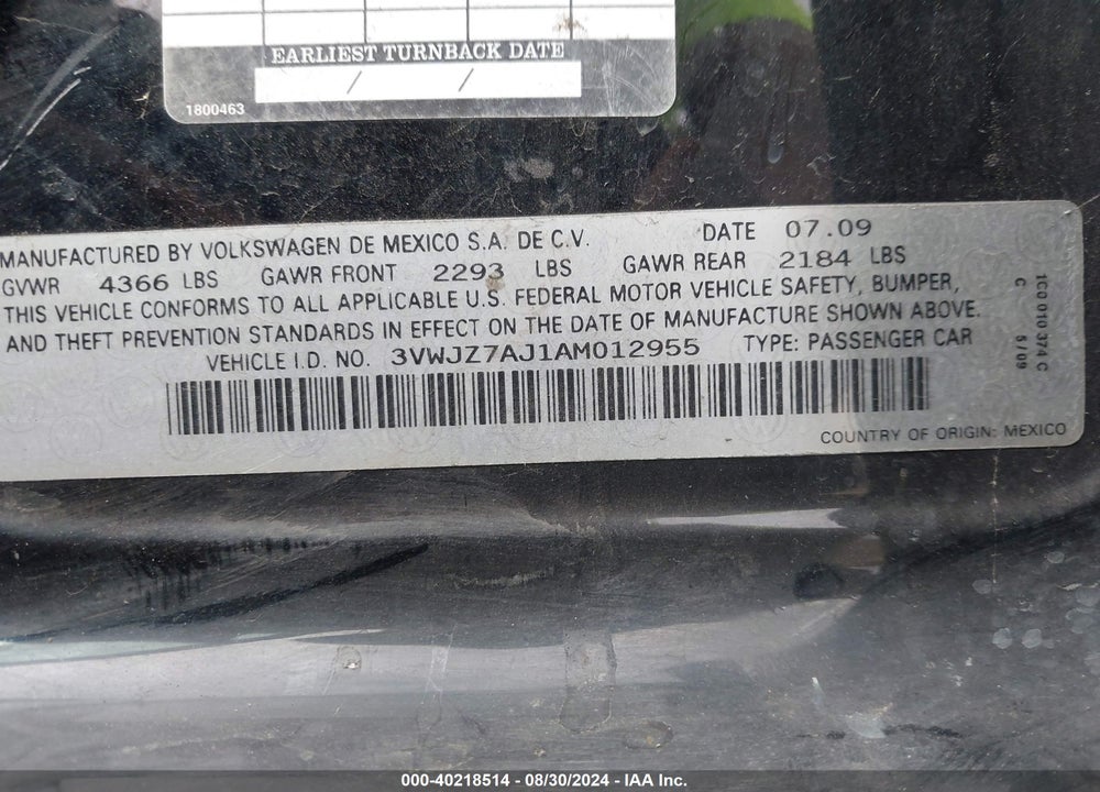 2010 VOLKSWAGEN JETTA S VIN: 3VWJZ7AJ1AM012955