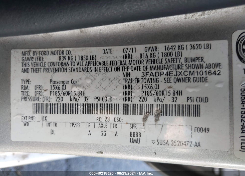 2012 FORD FIESTA SE VIN: 3FADP4EJXCM101642