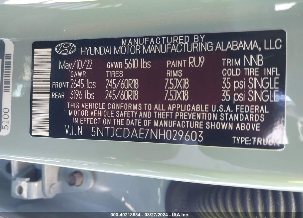2022 HYUNDAI SANTA CRUZ SEL VIN: 5NTJCDAE7NH029603