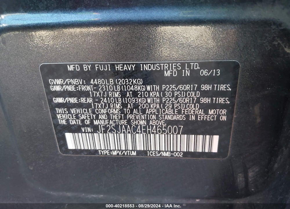 2014 SUBARU FORESTER 2.5I VIN: JF2SJAAC4EH465007