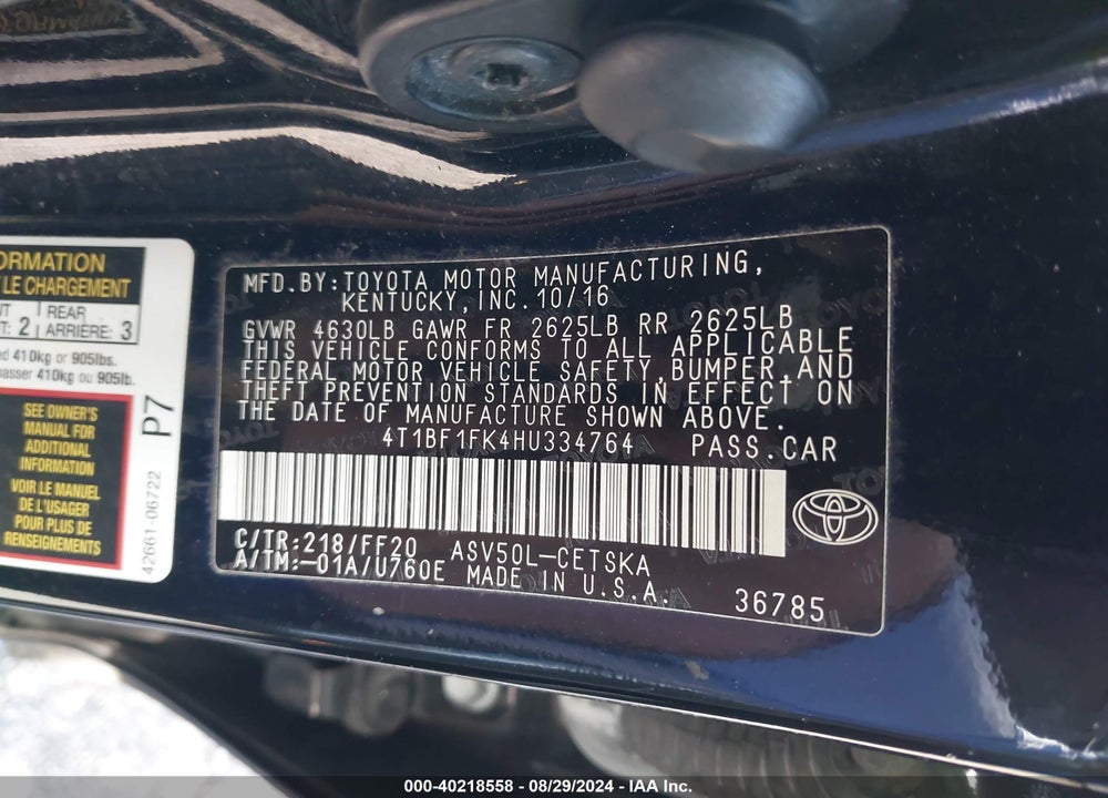 2017 TOYOTA CAMRY SE VIN: 4T1BF1FK4HU334764