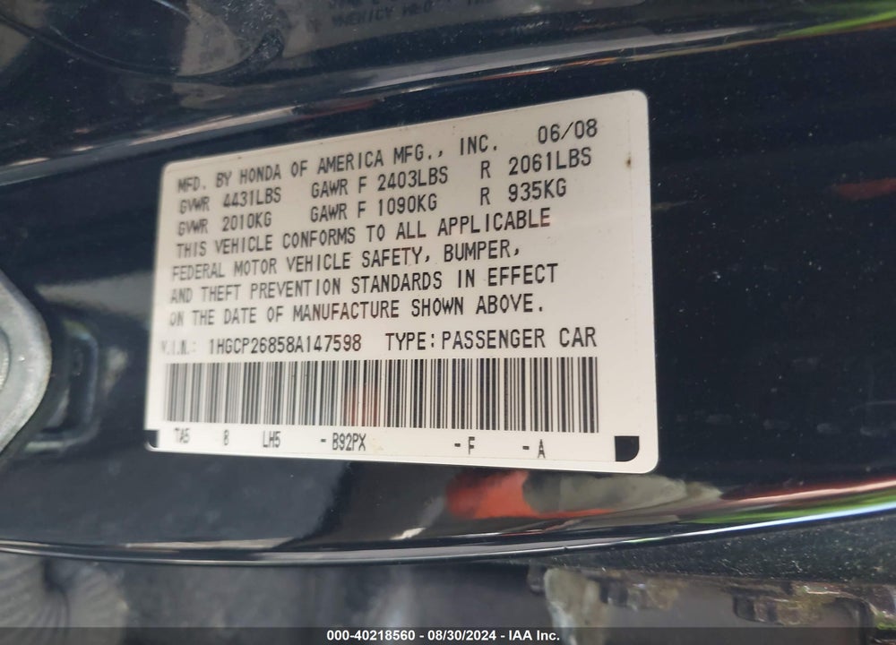 2008 HONDA ACCORD 2.4 EX-L VIN: 1HGCP26858A147598