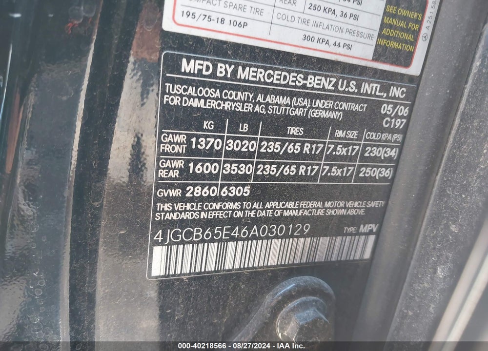 2006 MERCEDES-BENZ R 350 4MATIC VIN: 4JGCB65E46A030129