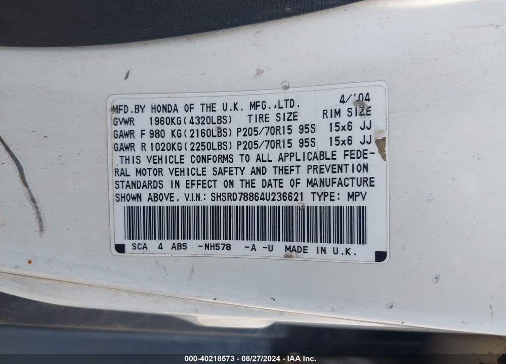 2004 HONDA CR-V EX VIN: SHSRD78864U236621