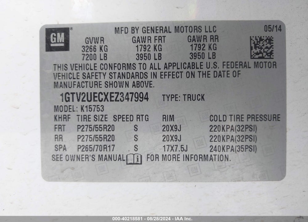 2014 GMC SIERRA 1500 SLE VIN: 1GTV2UECXEZ347994