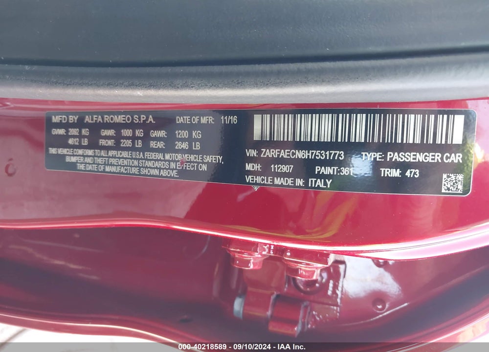 2017 ALFA ROMEO GIULIA TI RWD VIN: ZARFAECN6H7531773