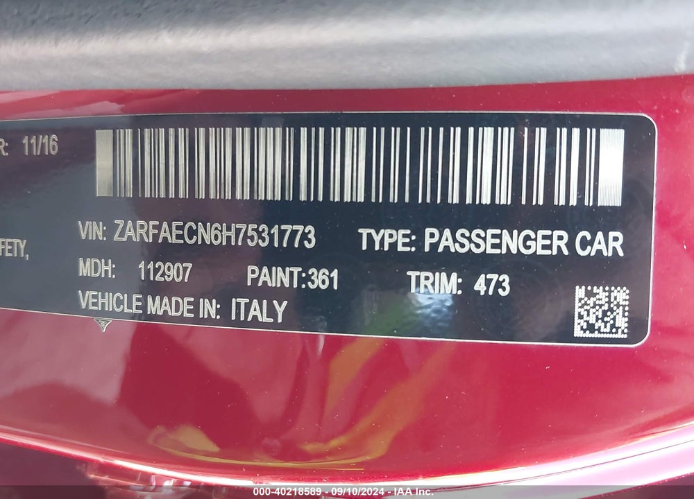 2017 ALFA ROMEO GIULIA TI RWD VIN: ZARFAECN6H7531773