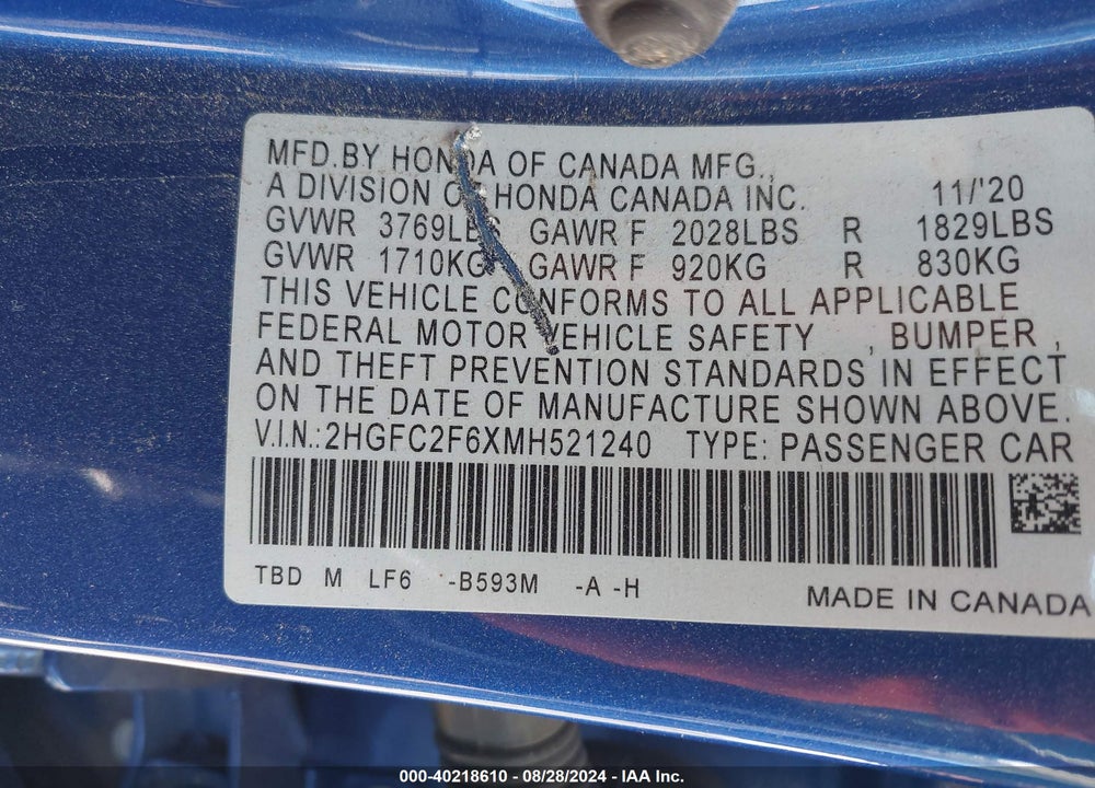 2021 HONDA CIVIC LX VIN: 2HGFC2F6XMH521240