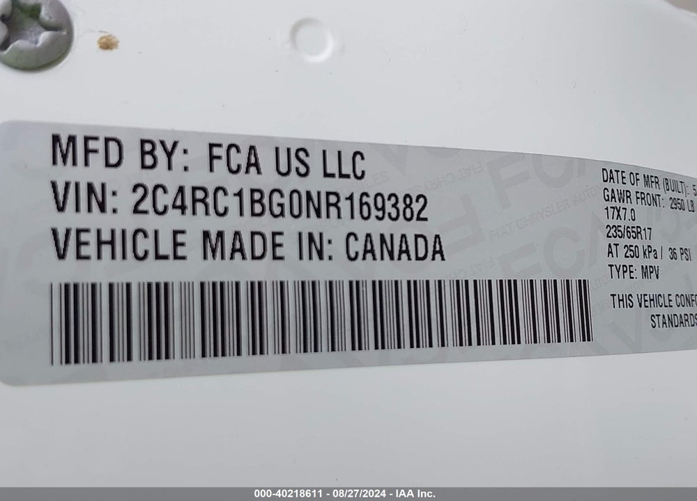 2022 CHRYSLER PACIFICA TOURING L VIN: 2C4RC1BG0NR169382