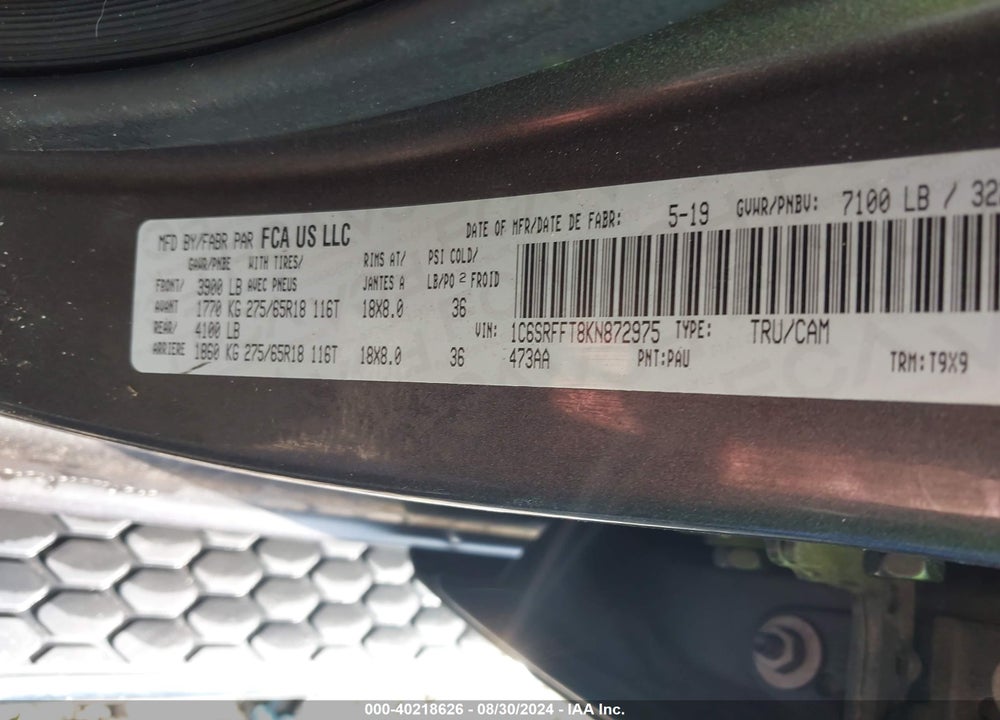 2019 RAM 1500 BIG HORN VIN: 1C6SRFFT8KN872975