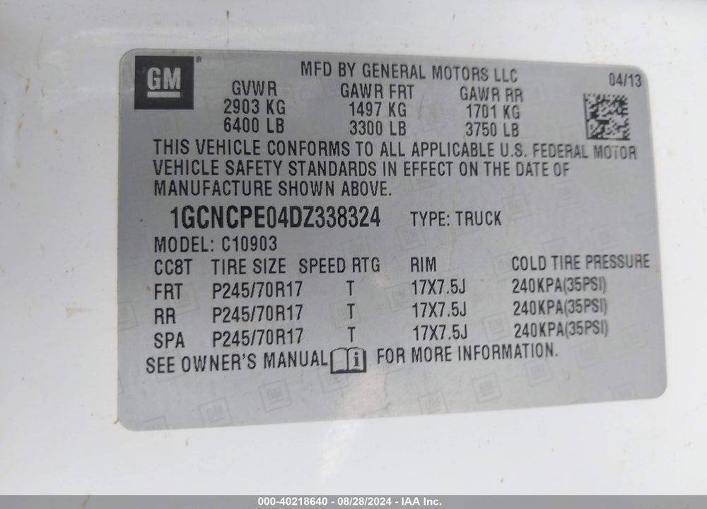2013 CHEVROLET SILVERADO 1500 WORK TRUCK VIN: 1GCNCPE04DZ338324