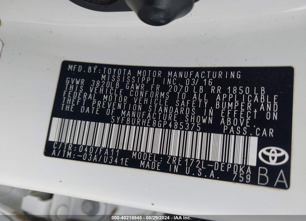2016 TOYOTA COROLLA L VIN: 5YFBURHE8GP485375