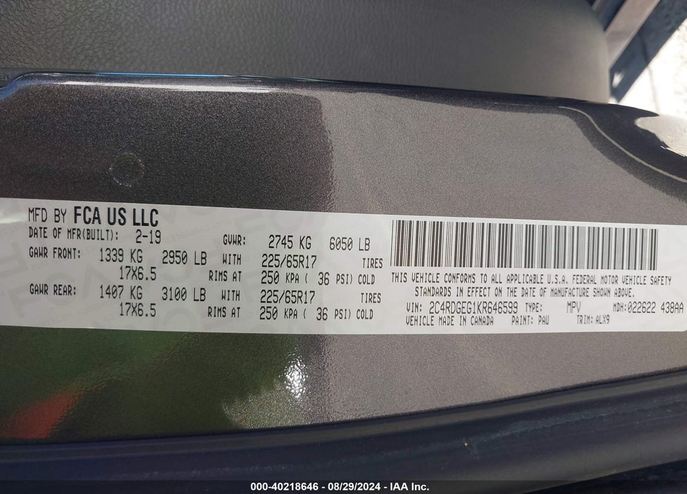 2019 DODGE GRAND CARAVAN GT VIN: 2C4RDGEG1KR646599