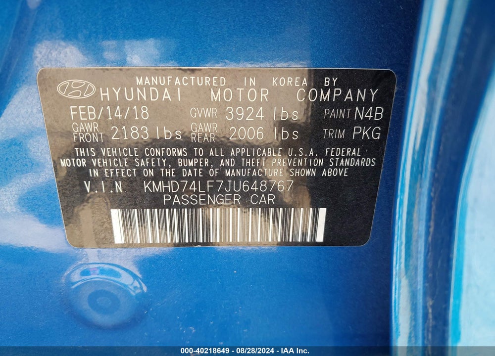 2018 HYUNDAI ELANTRA SE VIN: KMHD74LF7JU648767