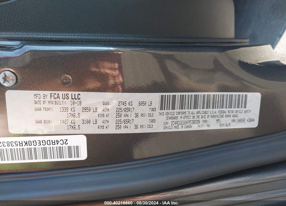 2019 DODGE GRAND CARAVAN GT VIN: 2C4RDGEG0KR538328