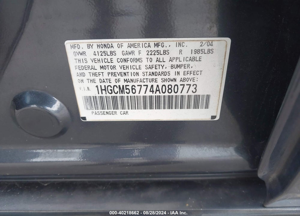 2004 HONDA ACCORD 2.4 EX VIN: 1HGCM56774A080773