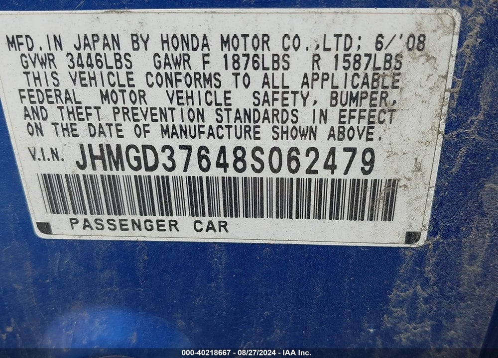 2008 HONDA FIT SPORT VIN: JHMGD37648S062479