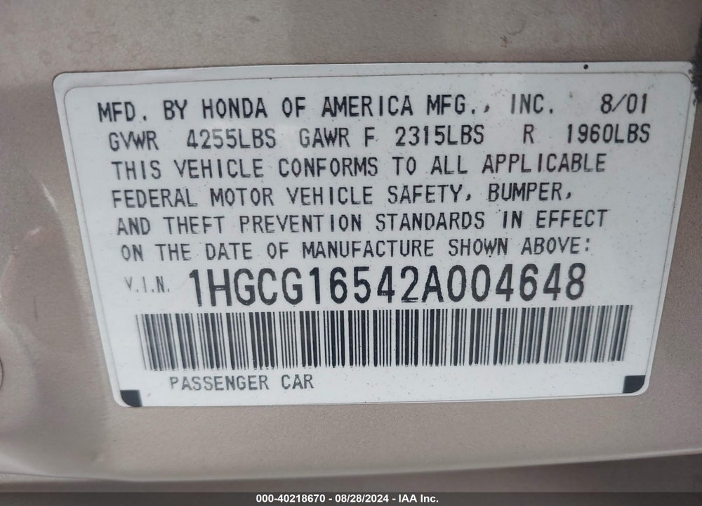 2002 HONDA ACCORD 3.0 EX VIN: 1HGCG16542A004648