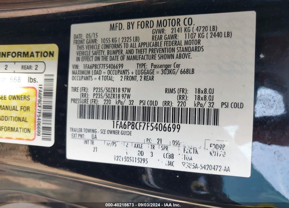 2015 FORD MUSTANG GT VIN: 1FA6P8CF7F5406699